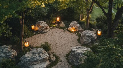 Serene Garden at Dusk Illuminated by Lanterns
