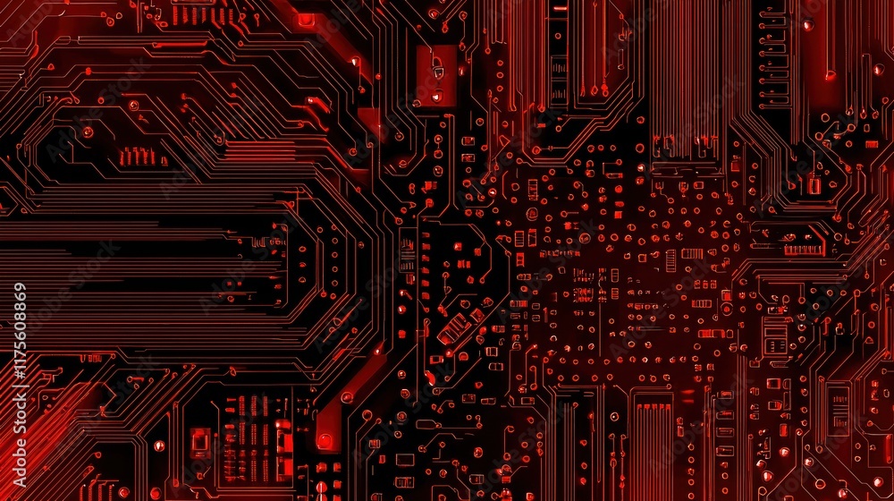 Poster abstract red circuit board texture: a close-up of intricate technology
