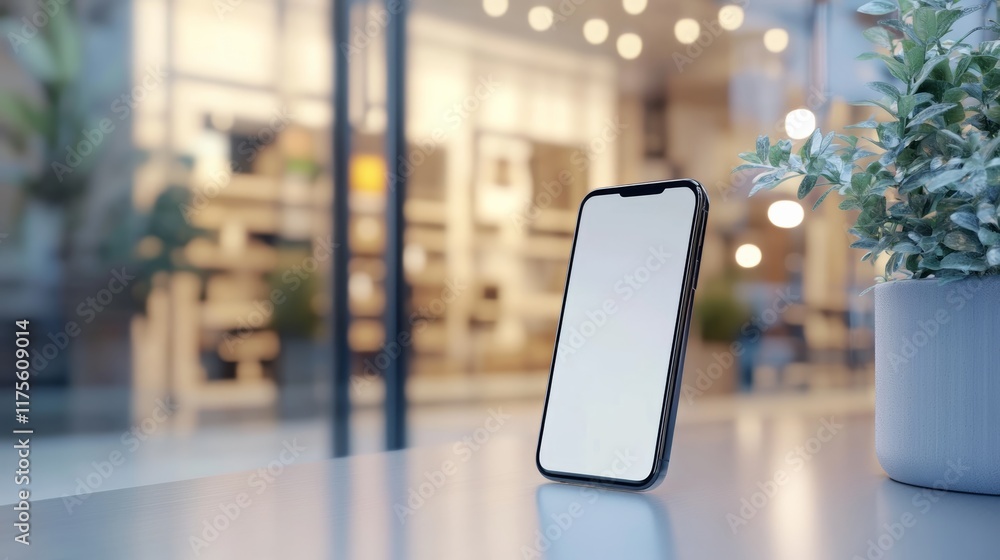 Poster modern smartphone with blank white screen standing on table in front of blurred store interior, perf