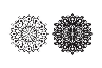 Rangoli mandala design vector silhouette, Mandala design concept of Rangoli with flower petals, circles and Leaves is in black and white background