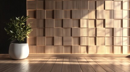 Seamless wooden tile wall with square blocks and subtle soft sheen finish 3D