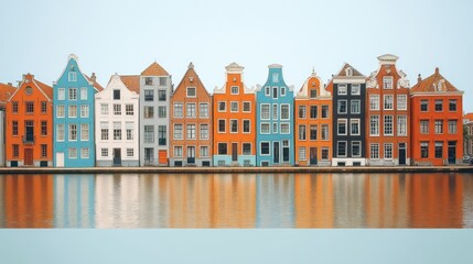 Obraz premium Colorful European canal houses reflecting on water.