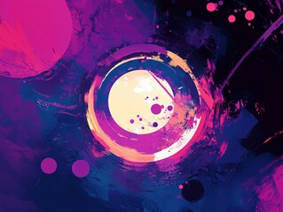 A Vibrant abstract artwork featuring circular shapes and colorful splashes