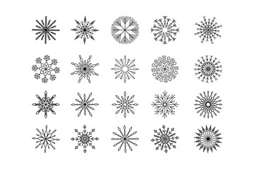 Snowflakes set. Outline blue crystals, winter snow flakes silhouette. Christmas decorative elements. Snowy weather. Frozen cold pictogram, ice ornament. Vector line isolated illustration