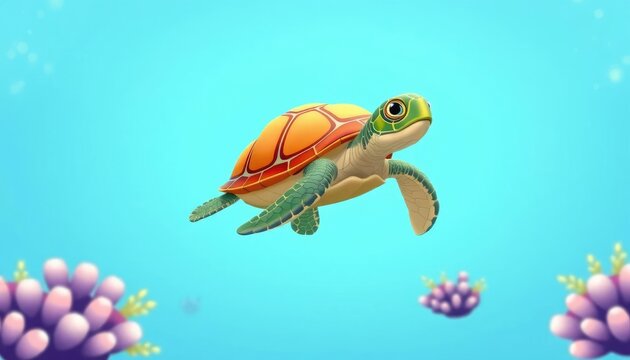 Cartoon turtle swimming, coral reef background,  illustration, children's book cover,  digital art