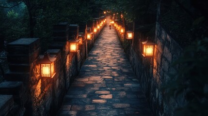 Illuminated Stone Pathway With Lanterns At Night