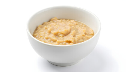 Creamy amaranth porridge served in a white bowl with copy space for text
