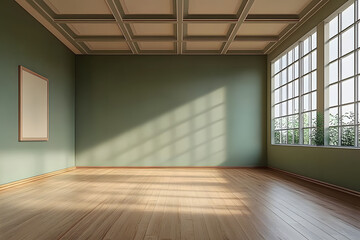 Obraz premium A 3D rendering of an empty room featuring a khaki wall, suspended ceiling, and wooden floor creates a serene and minimalist atmosphere