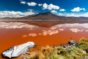Deep orange colors of the laguna colorada at noon
