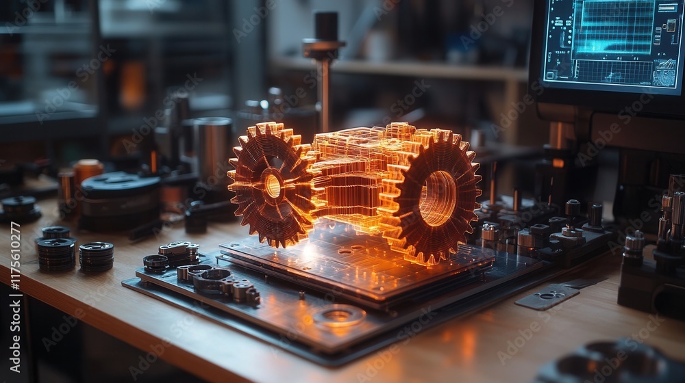 Poster 3d-printed gears and holographic display on workbench, innovative tools for design and prototyping, 