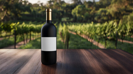 Fototapeta premium Mockup of a wine bottle with a blank label set on a rustic wooden table in a vineyard.