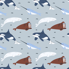 Arctic sea animals seamless pattern. Polar fish and mammal. Northern cute ocean whale, narwhal, orca, beluga. Textile, wrapping paper, wallpaper. Print for fabric. Cartoon flat isolated background