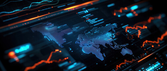 Futuristic digital dashboard with global analytics and data visualization