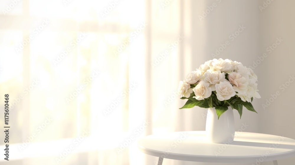 Fototapete Sunlight streams through a window, illuminating a bouquet of white roses resting on a round, white table in a modern, minimalist kitchen, creating a serene and inviting atmosphere
