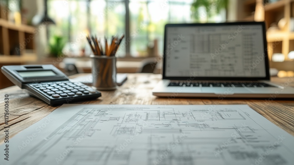 Poster engineering design workspace with technical drawings, laptop displaying simulation software, calcula