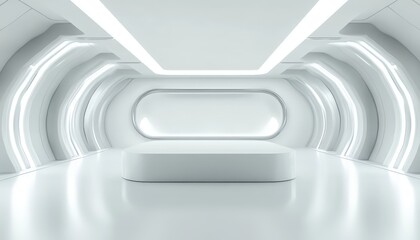 Fototapeta premium Futuristic White Room Modern Architecture Empty Display Platform Clean Interior Design