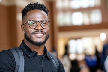 Obraz premium Confident young student with glasses in a university setting. Black History Month