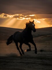 A dark silhouette of a horse running across a field at sunset.
