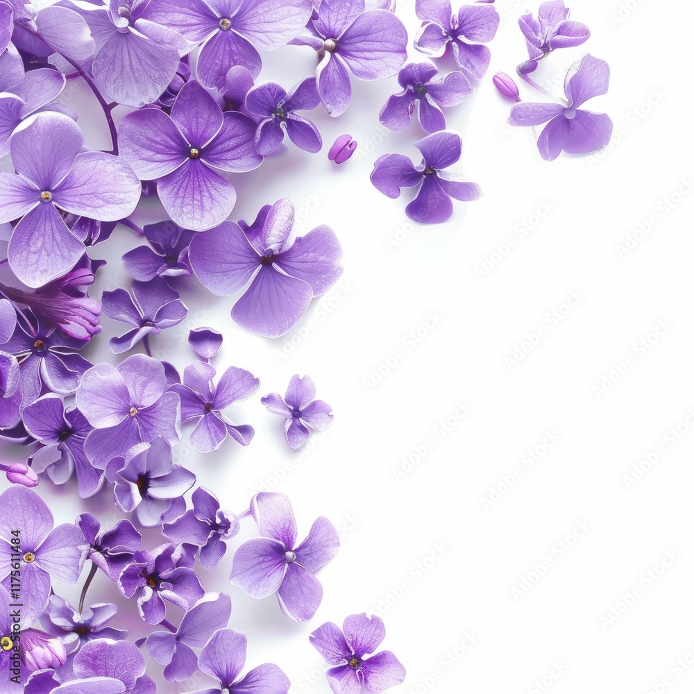 Poster purple hydrangea flowers are creating a beautiful border on a clean white background, offering copy 
