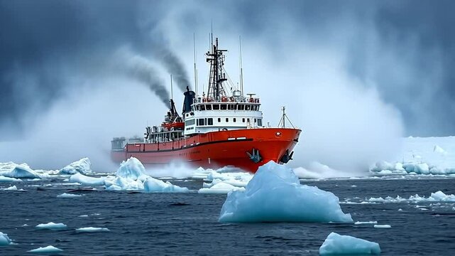 An isolated research outpost surrounded by icebergs, representing tenacity and discovery, is approached by the icebreaker.