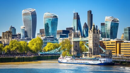 London skyline view with Tower Bridge and modern buildings.