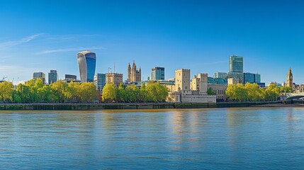 Obraz premium London skyline with modern architecture and river views on a sunny day.