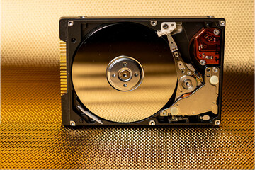 Hard disk interno aperto con sfondo oro 04 orizzontale