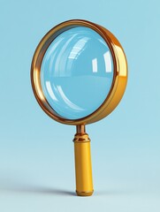 Golden magnifying glass standing on blue background