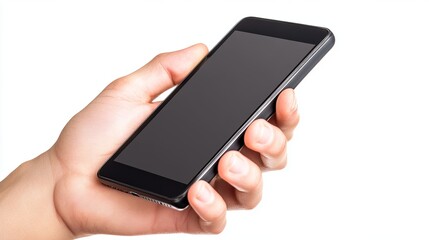 Blank smartphone screen in hand on white background, representing business, finance, and technology. High-quality premium image. 