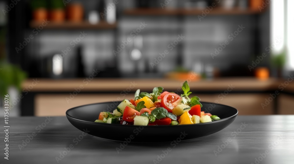 Poster fresh and colorful vegetable salad served on a stylish black plate, creating a vibrant and inviting 