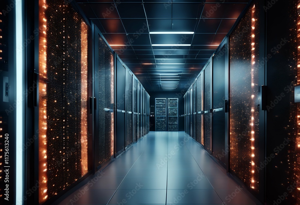 Poster servers shot center working large supercomputers full corridor data rack