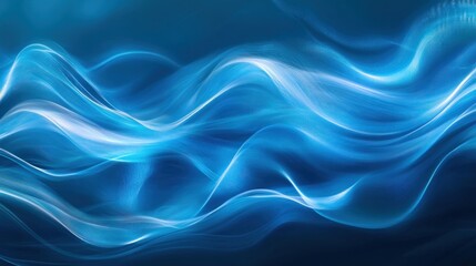 Abstract blue wavy light streaks on dark background.
