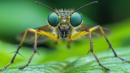 Fototapeta premium Close-up of flycatcher insect with spiny body and vibrant eyes on leaf.
