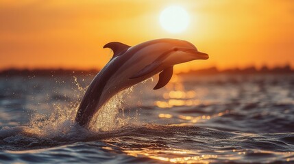 Dolphin leaping over ocean waves during breathtaking sunset.