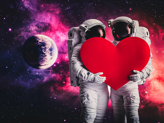 Obraz premium Two astronauts holding a red heart in a captivating space setting