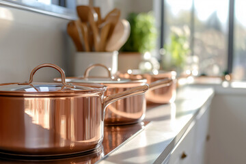 A set of shiny copper cookware arranged neatly in a modern kitchen with natural light highlighting their sheen.