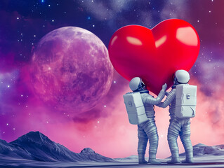 Obraz premium Two astronauts holding a red heart in a captivating space setting