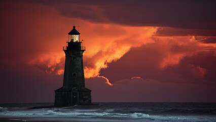 A tall lighthouse silhouette set against a bright, dramatic sky.
