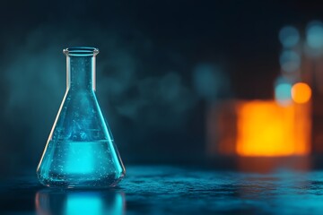 Glowing Chemistry Flask on Dark Workplace Table