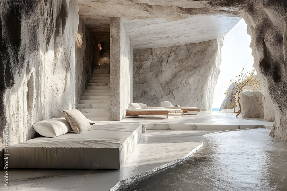 Poster stock photo features a realistic 3d rendering of an old stone building room with concrete elements, 