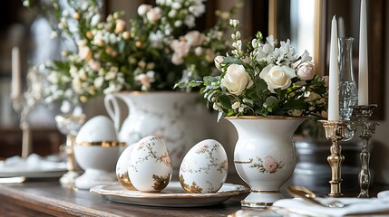 Elegant Easter eggs and floral accents on a wooden table