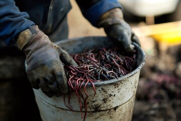 Obraz premium Farmer holding bucket with compost worms for organic farming
