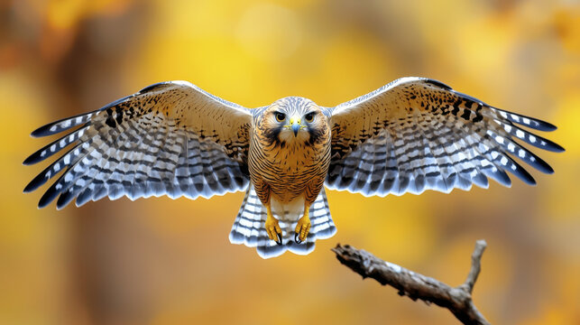 sharp shinned hawk in flight showcases its impressive wingspan against vibrant autumn backdrop