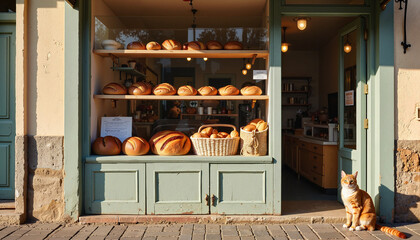 Charming rustic bakery with fresh bread at dawn, warm community vibe