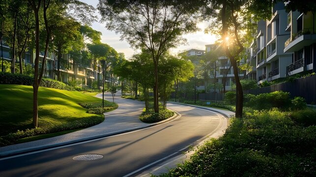 Residential area with a tree-lined street at sunset - Powered by Adobe