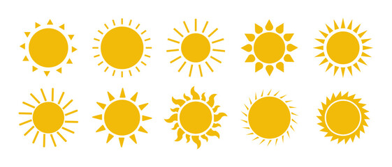 Sun vector illustration set in yellow color. Sun icon set. Yellow sun icons. Sunset icon collection. Yellow sun star icons. Solar energy. Vector illustration