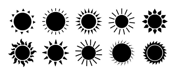 Sun vector silhouette set in black colour. Sun icon set. Black sun icon collection. Summer, sunlight, nature, weather icon sky. Vector illustration isolated on white background.