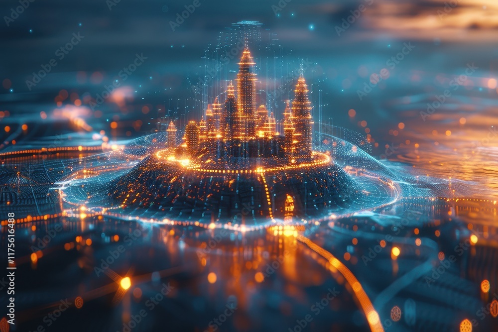 Poster a futuristic cityscape with glowing structures, surrounded by a digital network, creating an etherea