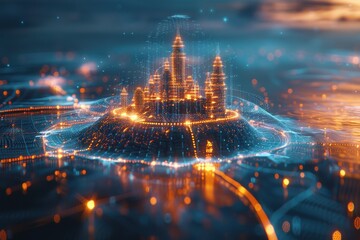 Fototapeta premium A futuristic cityscape with glowing structures, surrounded by a digital network, creating an ethereal and imaginative atmosphere.