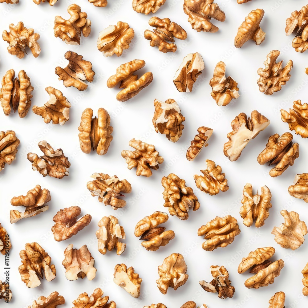 Poster walnut halves are neatly arranged on a white background, forming a visually appealing pattern